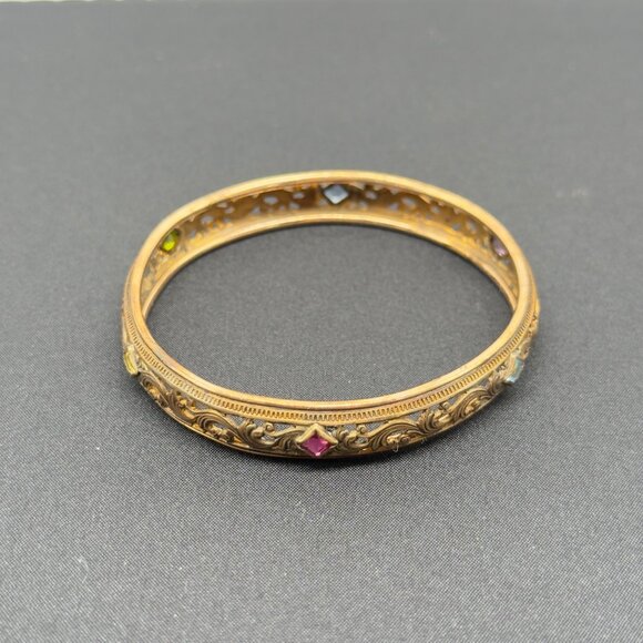 Vintage Filigree Gold and Glass Gem Bangle Bracelet Signed PB&R - Picture 9 of 9